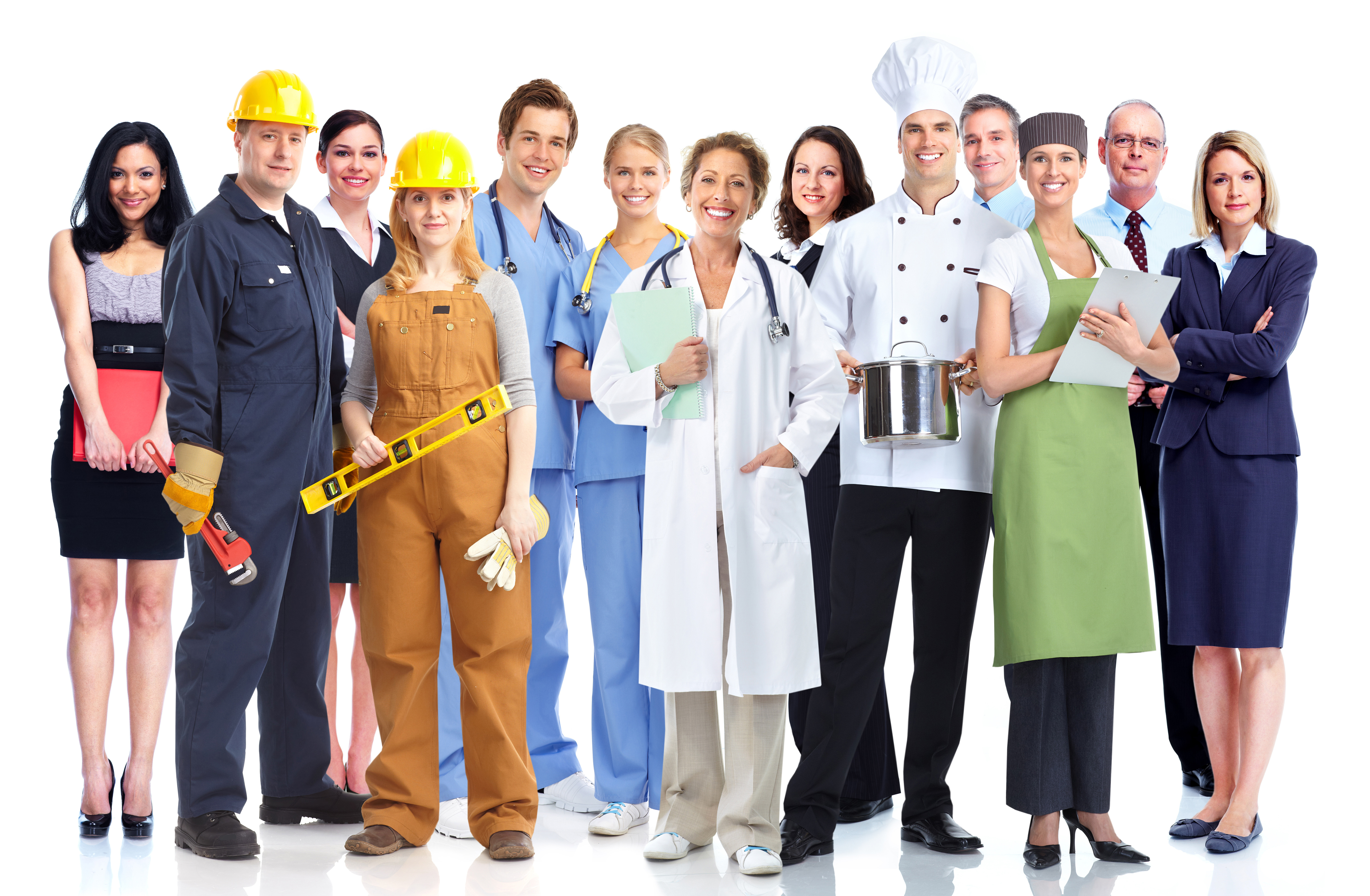 Group of people in various work uniforms 